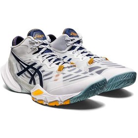 تصویر کتونی تخصصی والیبال اسیکس متارایز سفید آبی زرد Asics Metarise White Blue Yellow 