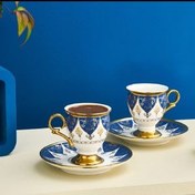 تصویر فنجان قهوه، دونفره، 90 میل،کاراجا،رنگ سفید آبی طلایی،مدل Karaca Merve 