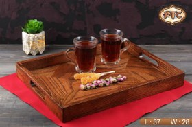 تصویر سینی چوبی مستطیل دسته دار چوب بامبو تیره 