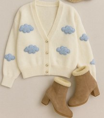 تصویر کاردیگان بافت زنانه ابری رنگ سفید و نسکافه ای 