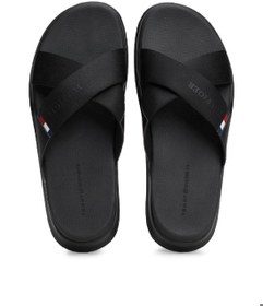 تصویر صندل راحتی مردانه با طراحی ضربدری - پلی‌استر، مشکی برند Tommy Hilfiger Men's Comfort Criss Cross Flip Flops - Polyester, Black