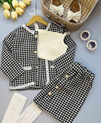 تصویر کت دامن مجلسی چهارخونه 3تیکه - کت دامن پیردوبل و تاپ کبریتی / 