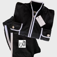 تصویر ست بامبر و شلوار زنانه مخمل مشکی با نواردوزی سفید 