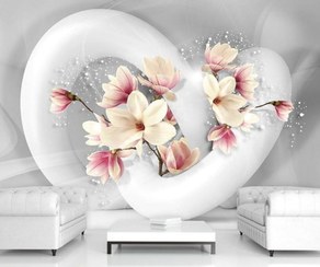 تصویر پوستر دیواری قلب گلدار مگنولیا | کاغذ دیواری رومانتیک و سه بعدی برای دکوراسیون منزل | وال یو 