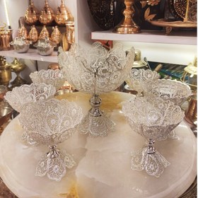 تصویر آجیل خوری مسی آبکاری نقره با ۶ کاسه کوچک 