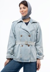 تصویر کت جین یقه انگلیسی آبی روشن Dark blue English collar denim jacket