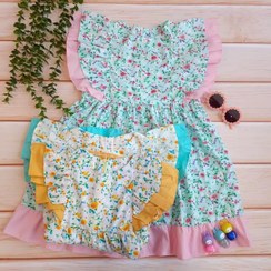 تصویر سارافون دخترانه نخی سایز ۱-۵ رنگ آبی و صورتی و خردلی 