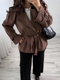 تصویر ترنج کت پاییزه زنانه در جنس جیر لمینت شده مدل دریا - نسکافه ای / ۳۸ 