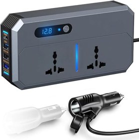 تصویر اینورتر برق خودرو: تبدیل DC 12/24V به 220V AC با خروجی 200W، دارای 3 پورت USB، 1 پورت Type-C، سوئیچ و صفحه نمایش LED (خاکستری) - ارسال 20 روز کاری 