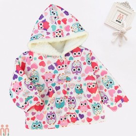 تصویر کاپشن دخترانه خزدار کلاهدار 2 لایه گرم صورتی جغد kids hooded jacket 