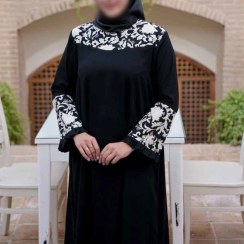 تصویر عبای زنانه مدل گلرو | پارچه کرپ الیزه جت بلک 