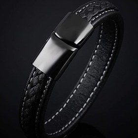 تصویر دستبند چرمی رگه دار مشکی 