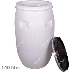 تصویر بشکه پلاستیکی سفید 140 لیتری تسمه فلزی 140 liter white plastic barrel with metal belt