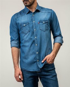 تصویر پیراهن مردانه جین کاغذی آبی تیره 