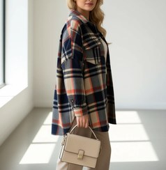 تصویر مانتو شکت چهارخونه دوجیب - سایز بزرگ تا 52 - قد 85 سانت - طرح Plaid Shacket Coat with Pockets - Plus Size up to 52 - 85cm Length