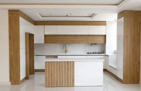 تصویر کابینت سفید طرح چوب 