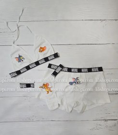 تصویر ست کاپلی زن و شوهری نخی طرح تام و جری رنگ سفید 