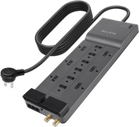 تصویر محافظ پیشرانه Belkin 12-Outlet Power Strip Surge w / 8f ... Belkin Surge Protector Power Strip w/ 12 AC Outlets & 8ft Long Flat Plug, UL-listed Heavy-Duty Extension Cord for Home, Office, Travel, Computer, Laptop, Phone Charger - 3,940 Joules of Protection 12 Outlet Strip + Cable & Phone protection