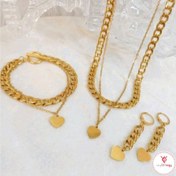 تصویر ست کارتیر استیل رنگ ثابت گردنبند دو لاین دستبند آویزدار گوشواره کارتیر 