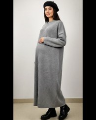 تصویر کفتان بارداری بافت طرح خطی آستین بلند یقه گرد زنانه کد 0764 
