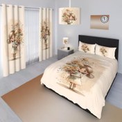 تصویر ست اتاق کودک روتختی ،پرده و فرشینه طرح دختر کوچولو با دسته گل 