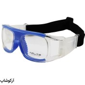 تصویر عینک طبی ورزشی با فریم آبی رنگ و بند مشکی برای فوتبال، والیبال، بسکتبال، فوتسال و هندبال مدل HY008 