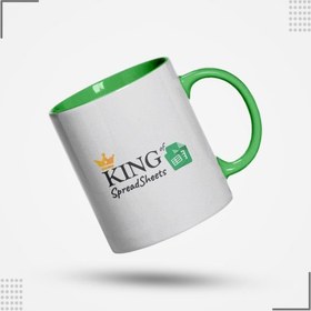 تصویر لیوان سرامیکی مدل KING of Spreadsheets کد M02 (دسته‌ داخل رنگی + زیرلیوانی) 