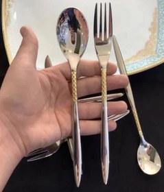 تصویر سرویس قاشق چنگال 24 نفره 120 پارچه یونیک زنبوری نیمه طلایی اصل آهنربانگیر Spoon and fork service for 24 people, 120 unique semi-gold bee fabric, original magnet