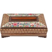 تصویر جعبه دستمال کاغذی خاتم چوبی نقاشی گل و مرغ کد 01 