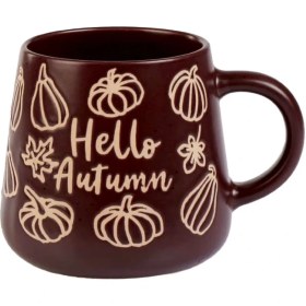 تصویر ماگ پاییزی فانتزی سرامیکی طرح کدو و برگ پاییزی رنگ زرشکی 