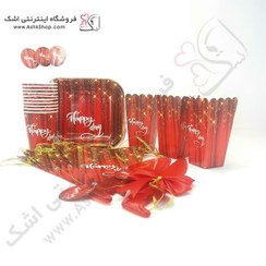 تصویر تم تولد مبارک رنگ قرمز پک 10 نفره وسایل 