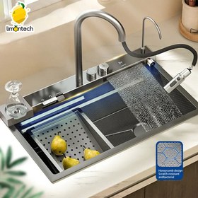 تصویر سینک هوشمند آشپزخانه هوادیائو استیل 304 با لیوان شور و صفحه دیجیتال Huadiao smart sink