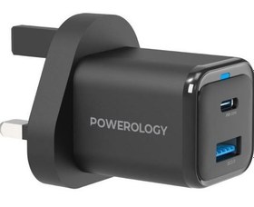 تصویر شارژر 35 وات پاورولوژی Powerology 35W PD QC 1xUSB-C 35W and 1xUSB-A 18W GaN Charger UK Powerology UK Ultra-Compact GaN Charger