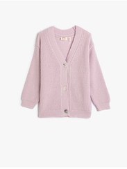 تصویر ژاکت جلو باز بنفش زنانه بافتنی کش باف پشمی ساده با یقه V دکمه دار پایین شانه Koton 