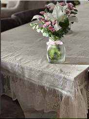 تصویر رومیزی دانتل ترک چین‌دار طرح ایکیا (IKEA) – پارچه توری لوکس با حاشیه کلوش - قطر ۱۵۰ دایره 