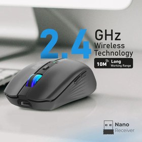 تصویر ماوس بی سیم پرومیت مدل KITT با باتری داخلی قابل شارژ و نورپردازی RGB- مشکی 2.4GHz Wireless Ergonomic Optical Mouse with LED Rainbow Lights