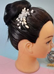 تصویر شونه شنیون ترکیبی مروارید و کریستال اصل و سنگ رزین - سفید shone shiniyon