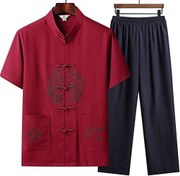 تصویر کت و شلوار سنتی چینی مردانه آستین کوتاه پیراهن کتان گلدوزی هانفو 