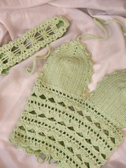 تصویر ست نیم تنه کراپ و هد سربند مکرومه سبز پاستیلی 