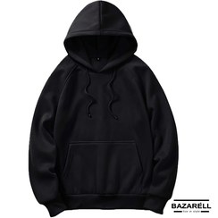 تصویر هودی مردانه‌زنانه مشکی ضخیم با جیب کانگورو و آستین ریگلان – BAZARELL Heavy Black Hoodie with Kangaroo Pocket 