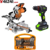 تصویر کیت ابزار 3 عددی اره فارسی بر آاگ PS254L + دریل شارژی پی ای پی BD-2015 + ست مته و سری پیچ گوشتی موتا MO310008 