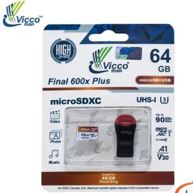 تصویر کارت حافظه microSD A1 U3 V30 ظرفیت 64 گیگابایت ویکومن سرعت 90m/s + رم ریدر 