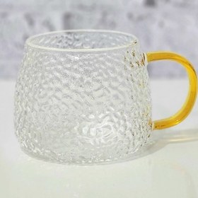 تصویر ماگ پیرکس دسته طلایی خمره ای-ماگ شیشه ای-وارداتی امارات Pyrex mug with golden handle - glass mug - imported from the UAE