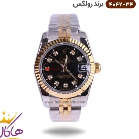 تصویر ساعت رولکس زنانه دورنگ طلایی صفحه مشکی متوسط Rolex-4531-M-L 