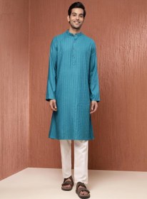 تصویر بلوز بلند پنتاکس ابریشمی ویسکوز در رنگ آبی فیروزه‌ای برند fabindia Teal Viscose Silk Pintucks Long Kurta