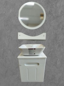 تصویر کابینت روشویی ۴۰×۴۰ سفید ضد آب با آیینه گرد ۵۰ سانتی‌متری 