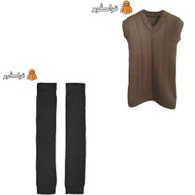 تصویر ست دو تکه پلیور قهوه‌ای و یک جفت ساق‌بند طرح پشم شتر مردانه و زنانه مشکی 