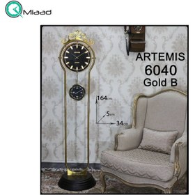 تصویر ساعت ایستاده آرتمیس مدل 6040، ساعت سالنی با پایه های زیبا ، دارای یک ساعت کوچک به عنوان ثانیه شمار جدا، در چهار رنگ، موتور آرامگرد تایوانی ، رنگ طلایی مشکی 