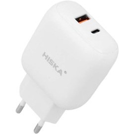 تصویر شارژر دیواری هیسکا مدل H112 PD به همراه کابل تبدیل لایتنینگ Hiska H112 PD DUAL USB WALL CHARGER with Lightning cable