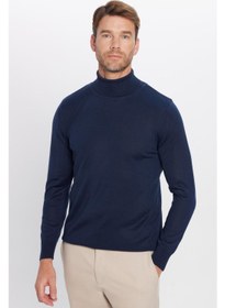 تصویر سویشرت پشمی آبی تیره مردانه با یقه گرد و طراحی ساده و فیت باریک برند tudors Men's Slim Fit Full Turtleneck Plain Wool Navy Blue Knitwear Sweater